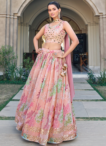 Party Wear Pink Floral Printed Georgette Lehenga Choli